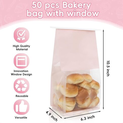 50 PCS Bread Facs for Breads محلية الصنع ، حقيبة مخبز خبز العجين المخمر القابلة لإعادة الاستخدام مع قفل TIN TIB TAB لتغليف الأطعمة المخبوزة (10.2 '× 6.3' x 5.1 ') (وردي) in Kuwait