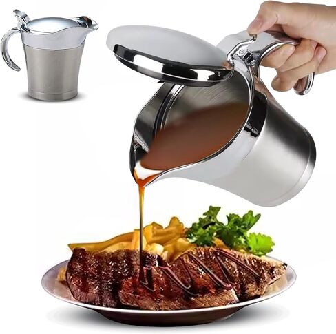 450ML Stainless Steel Gravy Boat with Lid – Double Insulated Gravy Pitcher for Hot & Cold Sauces – Elegant Sauce Boat Small Gravy Server for Steak, Turkey, and Holiday Dinners in Saudi Arabia