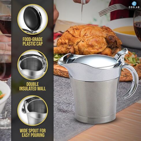 450ML Stainless Steel Gravy Boat with Lid – Double Insulated Gravy Pitcher for Hot & Cold Sauces – Elegant Sauce Boat Small Gravy Server for Steak, Turkey, and Holiday Dinners in Saudi Arabia