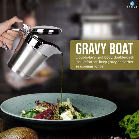 450ML Stainless Steel Gravy Boat with Lid – Double Insulated Gravy Pitcher for Hot & Cold Sauces – Elegant Sauce Boat Small Gravy Server for Steak, Turkey, and Holiday Dinners in Saudi Arabia