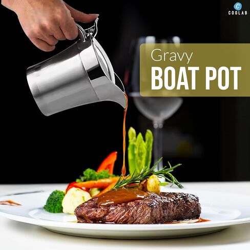 450ML Stainless Steel Gravy Boat with Lid – Double Insulated Gravy Pitcher for Hot & Cold Sauces – Elegant Sauce Boat Small Gravy Server for Steak, Turkey, and Holiday Dinners in Saudi Arabia