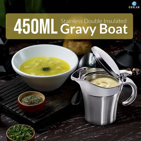 450ML Stainless Steel Gravy Boat with Lid – Double Insulated Gravy Pitcher for Hot & Cold Sauces – Elegant Sauce Boat Small Gravy Server for Steak, Turkey, and Holiday Dinners in Saudi Arabia