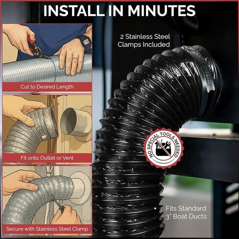 خرطوم منفاخ القوارب 3 بوصة - قناة تهوية العادم البحري - خرطوم تهوية الهواء المرن لحصانة المحرك ، RV ، Jet Ski - Black in Kuwait