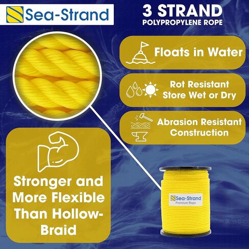 5/8" x 600' Reel, Yellow, 3-Strand Polypropylene Rope for Mooring, Anchoring, Crafts, Swings | Rot Resistant | Heavy Duty in Saudi Arabia