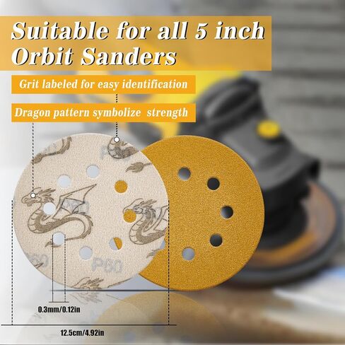 100 PCS 5 بوصة 8 أقراص الصنفرة ثقب ، 60/80/120/150/320 خطاف الجليد والحلقة الدائرية لعلق صنفرة مدارية عشوائية ، أكسيد الألومنيوم المتقدم ، مناسب لطحن المعدن والخشب والبلاستيك والبلاستيك in Kuwait