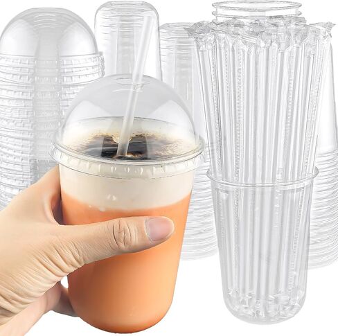 16oz 50 Set Disposable Plastic Cups with Dome Lids and Straws, Clear Iced Coffee Cups with lids, Round Bottom Plastic Cup for Milkshakes Juice Beverages Holiday Party Outdoor Picnic Supplies in Saudi Arabia