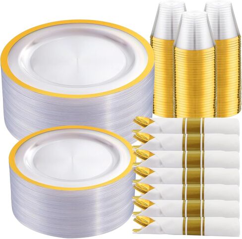 I00000 350 PCS لوحات بلاستيكية واضحة وسوداء ، مجموعة أدوات مائدة أسود ، تشمل 50 عشاءًا و 50 لوحة حلوى ، 50 كوبًا من البلاستي in Kuwait