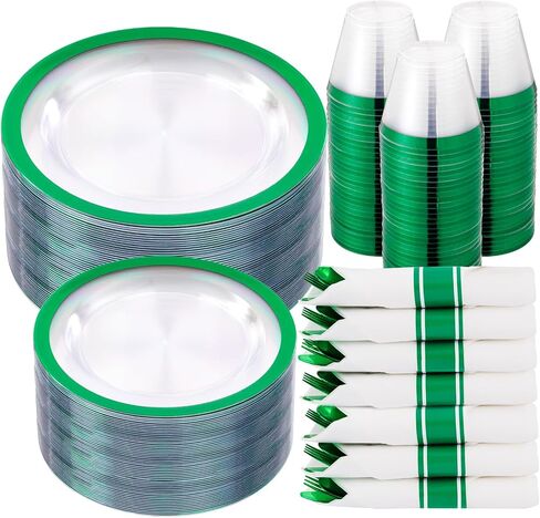 I00000 350 PCS لوحات بلاستيكية واضحة وسوداء ، مجموعة أدوات مائدة أسود ، تشمل 50 عشاءًا و 50 لوحة حلوى ، 50 كوبًا من البلاستي in Kuwait
