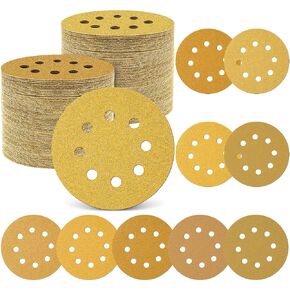 Maxdot 200 Pcs 5 Inch Sanding Discs 8-Hole Hook and Loop Gold Sandpaper Mixed Grits, 60, 80, 100, 120, 150, 220, 320, 400, 600, 800 for Random Orbit Sander in Kuwait