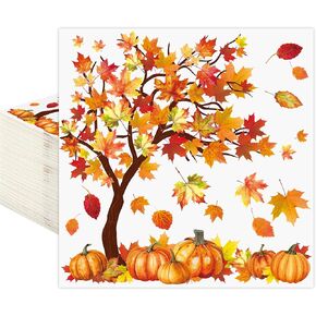 100 Pcs Fall Cocktail Napkins Fall Tree Paper Napkin 3 Ply Pumpkin Maple Leaves Party Dinner Napkins Disposable Autumn Beverage Napkin for Thanksgiving Autumn Harvest Party Supplies Table Decor in Kuwait