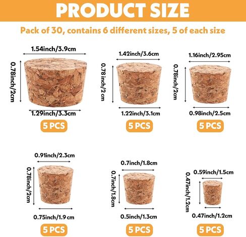 30pcs Cork Stoppers ، 6 أحجام ، فلين للزجاجات ، سدادة زجاجة الفلين المدببة الخشبية لمشاريع DIY ، ختم محكم الإغلاق ، زجاجات النبيذ in Kuwait