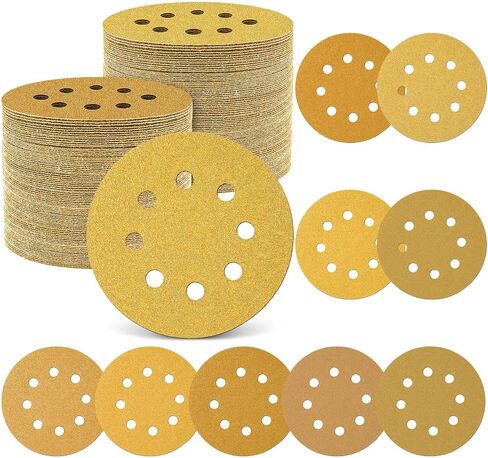 Maxdot 200 Pcs 5 Inch Sanding Discs 8-Hole Hook and Loop Gold Sandpaper Mixed Grits, 60, 80, 100, 120, 150, 220, 320, 400, 600, 800 for Random Orbit Sander in Saudi Arabia