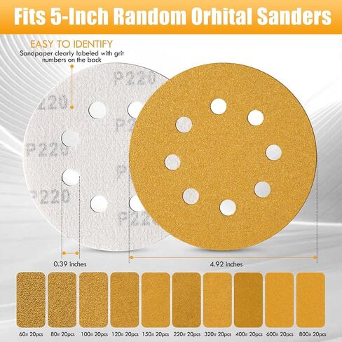 Maxdot 200 Pcs 5 Inch Sanding Discs 8-Hole Hook and Loop Gold Sandpaper Mixed Grits, 60, 80, 100, 120, 150, 220, 320, 400, 600, 800 for Random Orbit Sander in Saudi Arabia