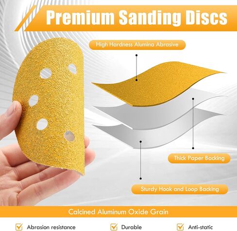 Maxdot 200 Pcs 5 Inch Sanding Discs 8-Hole Hook and Loop Gold Sandpaper Mixed Grits, 60, 80, 100, 120, 150, 220, 320, 400, 600, 800 for Random Orbit Sander in Saudi Arabia