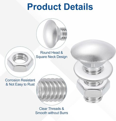 UXCELL 12 مجموعة البراغي ومجموعة المكسرات ، 1/4 "-20 × 5/8 الفولاذ المقاوم للصدأ 304 مسامير عربة رقبة مربعة جولة مسامير ومكسرات سداسية وغسالات مسطحة - الفضة in Saudi Arabia