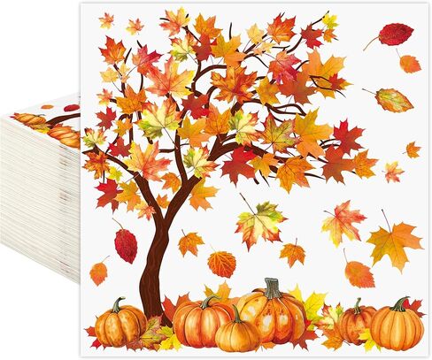 100 Pcs Fall Cocktail Napkins Fall Tree Paper Napkin 3 Ply Pumpkin Maple Leaves Party Dinner Napkins Disposable Autumn Beverage Napkin for Thanksgiving Autumn Harvest Party Supplies Table Decor in Saudi Arabia