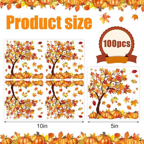 100 Pcs Fall Cocktail Napkins Fall Tree Paper Napkin 3 Ply Pumpkin Maple Leaves Party Dinner Napkins Disposable Autumn Beverage Napkin for Thanksgiving Autumn Harvest Party Supplies Table Decor in Saudi Arabia