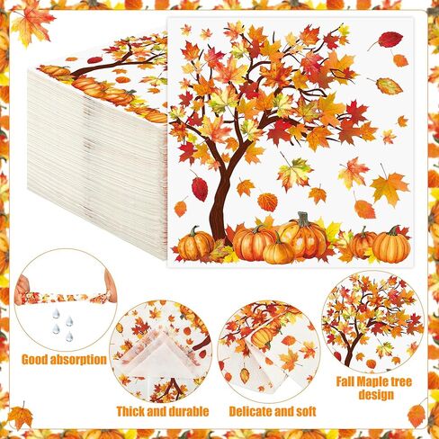 100 Pcs Fall Cocktail Napkins Fall Tree Paper Napkin 3 Ply Pumpkin Maple Leaves Party Dinner Napkins Disposable Autumn Beverage Napkin for Thanksgiving Autumn Harvest Party Supplies Table Decor in Saudi Arabia