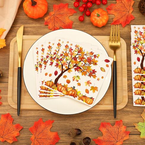 100 Pcs Fall Cocktail Napkins Fall Tree Paper Napkin 3 Ply Pumpkin Maple Leaves Party Dinner Napkins Disposable Autumn Beverage Napkin for Thanksgiving Autumn Harvest Party Supplies Table Decor in Saudi Arabia
