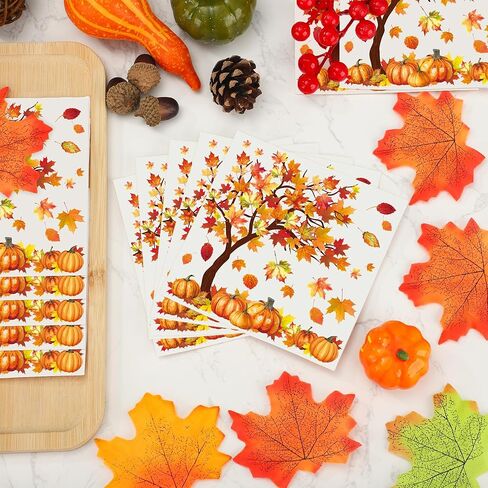 100 Pcs Fall Cocktail Napkins Fall Tree Paper Napkin 3 Ply Pumpkin Maple Leaves Party Dinner Napkins Disposable Autumn Beverage Napkin for Thanksgiving Autumn Harvest Party Supplies Table Decor in Saudi Arabia