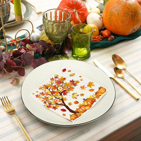 100 Pcs Fall Cocktail Napkins Fall Tree Paper Napkin 3 Ply Pumpkin Maple Leaves Party Dinner Napkins Disposable Autumn Beverage Napkin for Thanksgiving Autumn Harvest Party Supplies Table Decor in Saudi Arabia