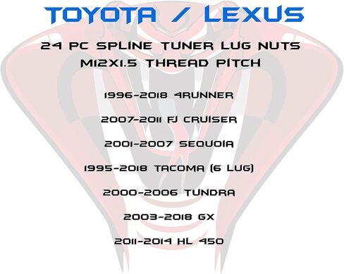24 Pc Red M12x1.5 Tuner 6 Spline Lug Nuts with Locking Feature+ Two Removal Socket Keys | Fits Toyota Lexus PreRunner FJ Cruiser 4Runner in Saudi Arabia