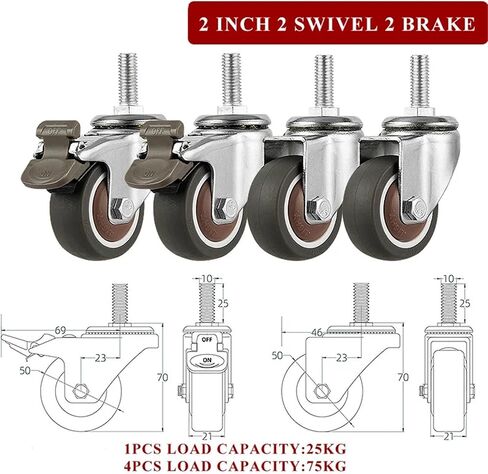 Furniture Casters Stem Threaded 1/1.5/2 Inches TPE Mute Swivel Wheels 4Pcs(2inch 2swivel2brake) in Kuwait