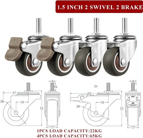 Furniture Casters Stem Threaded 1/1.5/2 Inches TPE Mute Swivel Wheels 4Pcs(2inch 2swivel2brake) in Kuwait