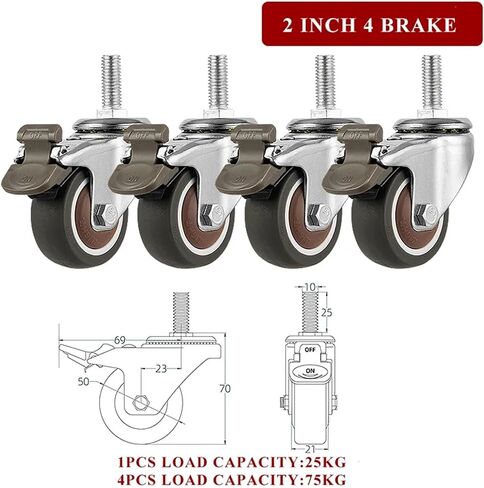 Furniture Casters Stem Threaded 1/1.5/2 Inches TPE Mute Swivel Wheels 4Pcs(2inch 2swivel2brake) in Kuwait