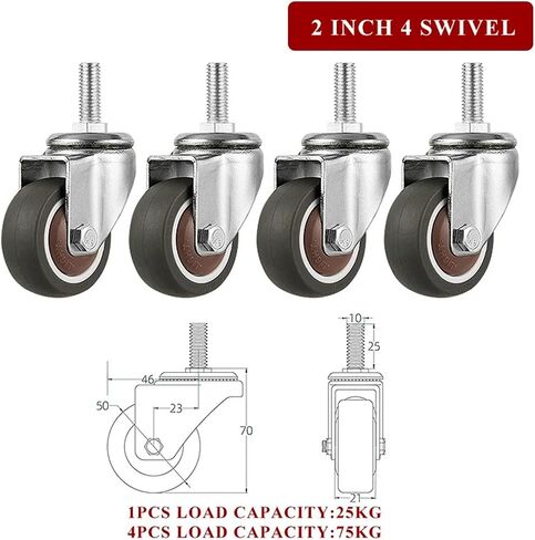 Furniture Casters Stem Threaded 1/1.5/2 Inches TPE Mute Swivel Wheels 4Pcs(2inch 2swivel2brake) in Kuwait