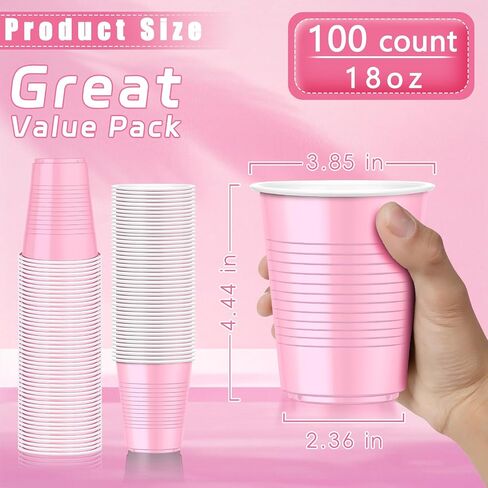 Dualshine 100 Pack Pink Plastic Cups 18 oz, Disposable Heavy Duty Drinking Cups for Party, Graduation Shot Cup for Wedding Birthday Valentine's Day Beer Serving Snack Sample Barbecues in Saudi Arabia