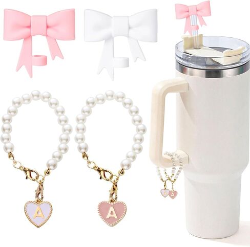 Pink Bow Stanley Straw Topper, 2pcs Pearl Chain for Stanley Cup Accessories Initial Letter Charms Handle with 2pcs Straw covers for Water Bottle Jewelry Tumbler Personalized Decorations Tag K in Kuwait