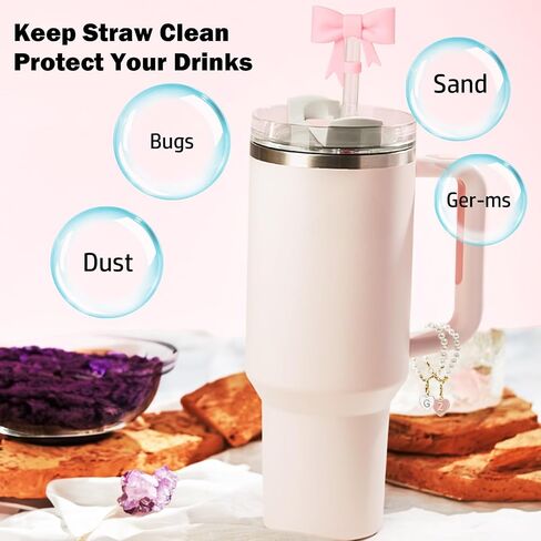 Pink Bow Stanley Straw Topper, 2pcs Pearl Chain for Stanley Cup Accessories Initial Letter Charms Handle with 2pcs Straw covers for Water Bottle Jewelry Tumbler Personalized Decorations Tag K in Kuwait