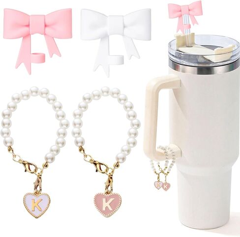 Pink Bow Stanley Straw Topper, 2pcs Pearl Chain for Stanley Cup Accessories Initial Letter Charms Handle with 2pcs Straw covers for Water Bottle Jewelry Tumbler Personalized Decorations Tag K in Kuwait