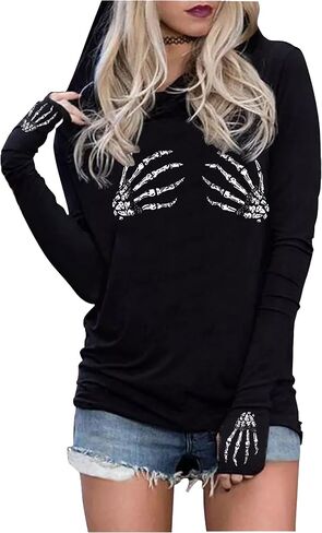 CHUNTIANRAN Women's Halloween Shirts Skull Silhouette Graphic Hoodie T Shirts Casual Loose Long Sleeve Pullover T Shirt in Kuwait
