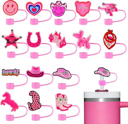 16Pcs Preppy Pink Straw Cover Topper for Stanley 40oz Tumbler Cowgirl Straw Cap for 0.4inch Straws Stanley Cup Accessories in Saudi Arabia
