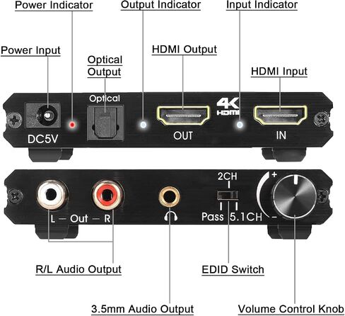 2.0 مستخرج الصوت ، محول الصوت 4K HDMI إلى HDMI + بصري SPDIF TOSLINK + 3.5 مم ستيريو + RCA L/R مع دعم التحكم في مستوى الصوت 4K@60Hz HDCP 2.2 HDR 3D YUV 4: 4: 4: 4 in Saudi Arabia