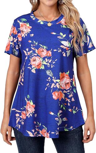 Ezcosplay Womens Tunic Tops Short Sleeve Summer Floral Print Casual Asymmetric Hem Tunic Shirts to Wear with Leggings in Kuwait