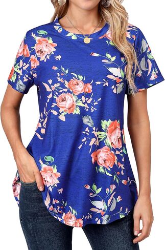 Ezcosplay Womens Tunic Tops Short Sleeve Summer Floral Print Casual Asymmetric Hem Tunic Shirts to Wear with Leggings in Kuwait