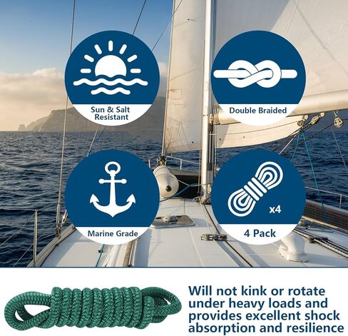 Fender Lines 6' x 3/8" Double Braided Boat Fender Lines 4 Pack, Boat Bumper Rope/Boat Fender Rope 9 Colors Boat Ropes for Docking with 5'' Eyelet Premium Dock Lines for Boats - Blue in Kuwait