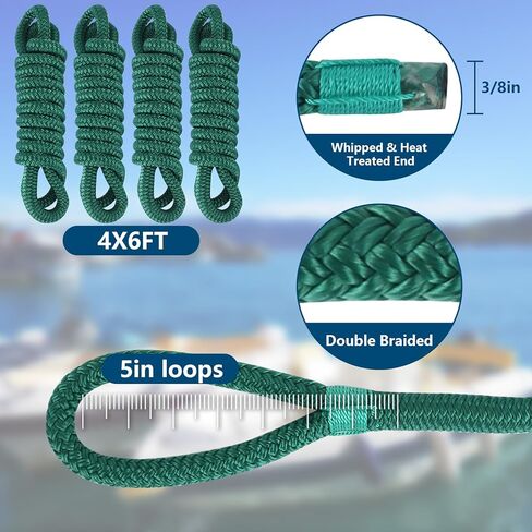 Fender Lines 6' x 3/8" Double Braided Boat Fender Lines 4 Pack, Boat Bumper Rope/Boat Fender Rope 9 Colors Boat Ropes for Docking with 5'' Eyelet Premium Dock Lines for Boats - Blue in Kuwait