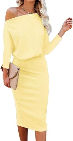 Ezbelle Women's Off The Shoulder 3/4 Sleeve Batwing Hips-Wrap Pencil Party Sexy Bodycon Midi Dress in Kuwait