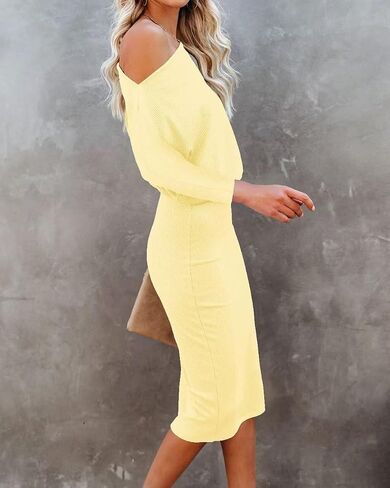 Ezbelle Women's Off The Shoulder 3/4 Sleeve Batwing Hips-Wrap Pencil Party Sexy Bodycon Midi Dress in Kuwait