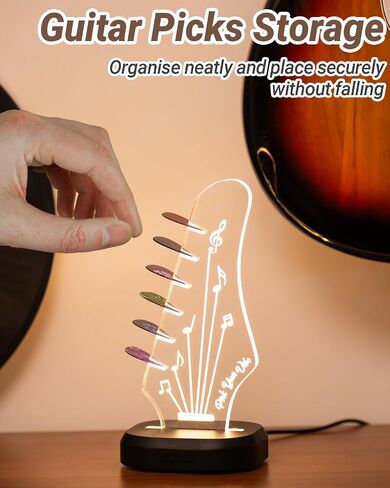 Light Up Guitar Pick Holder with 6 Guitar Picks, Black Walnut Wood & Acrylic Guitar Headstock Shaped Pick Holder Case for Picks Storage & Display, Guitar Music Accessories Gifts for Men Lover Player in Saudi Arabia