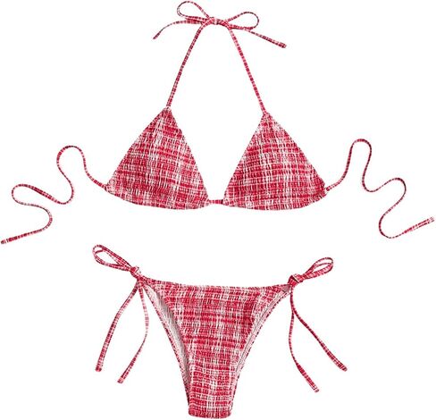 MakeMeChic Women's 2 Piece Bikini Sets Gingham Print Plaid Halter Triangle Tie Side Swimsuit Bathing Suit in Saudi Arabia