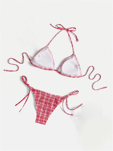 MakeMeChic Women's 2 Piece Bikini Sets Gingham Print Plaid Halter Triangle Tie Side Swimsuit Bathing Suit in Saudi Arabia