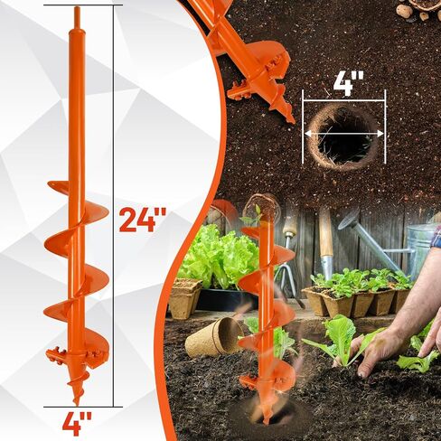 ‎4"x24" Auger Drill Bit for Planting – Heavy Duty Garden Auger Post Hole Digger with Spiral Double Blade & 3/8" Hex Drive for Fast Hole Drilling in Saudi Arabia