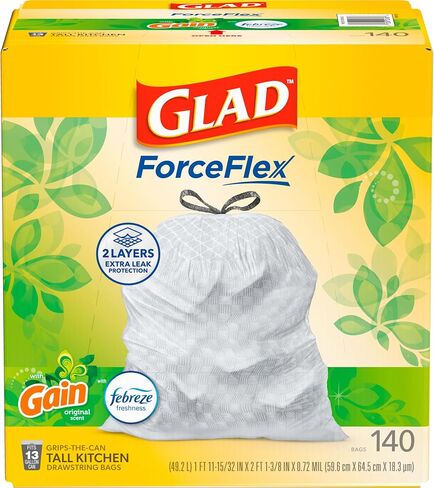 Glad ForceFlex Tall Kitchen Acags ، 13 Gallon ، Gain Original ، 140 Count (قد تختلف الحزمة) in Kuwait