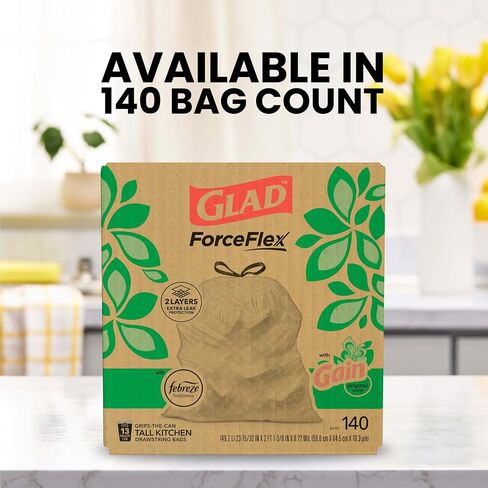 Glad ForceFlex Tall Kitchen Acags ، 13 Gallon ، Gain Original ، 140 Count (قد تختلف الحزمة) in Kuwait
