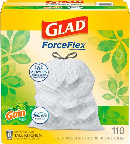 Glad ForceFlex Tall Kitchen Acags ، 13 Gallon ، Gain Original ، 140 Count (قد تختلف الحزمة) in Kuwait